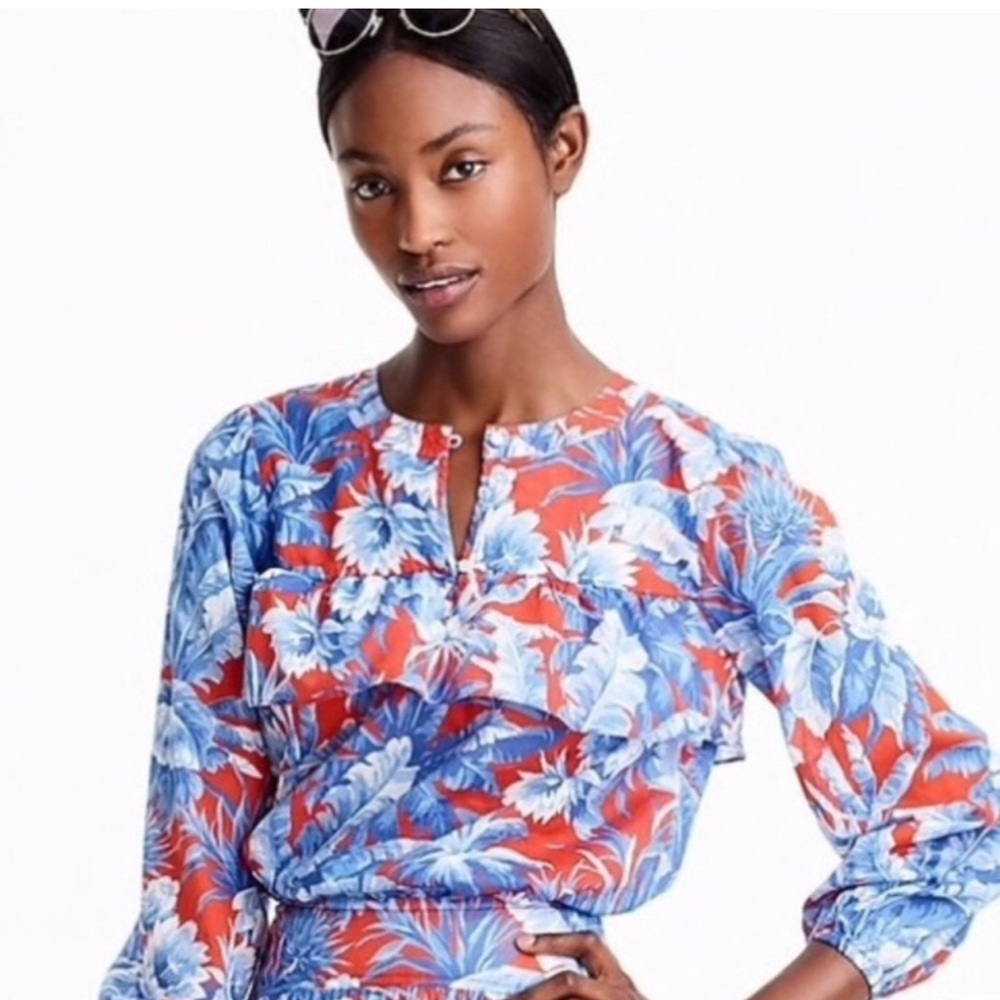 J Crew Cotton Long Sleeve Floral Ruffle Popover Top Blouse Ratti Rio Size L